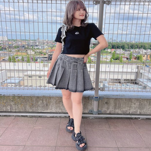 日单金属印花弹力修身螺纹棉短袖T恤女84283夏季新款潮流短款上衣