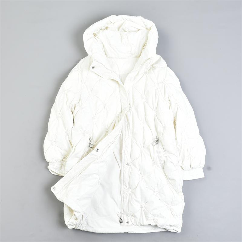 高端设计宽松中长款连帽羽绒服女