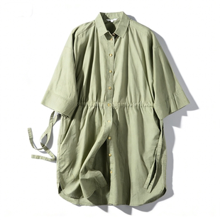 日系原宿衬衫 文艺抽绳高腰型连衣裙 裙女3.24L83235宽松落肩七分袖