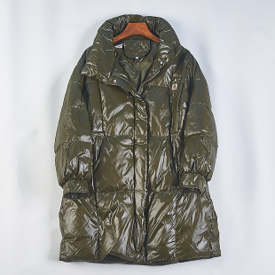 920韩版 羽绒服女76778纯色防风高立领保暖90白鸭绒外套 亮面中长款