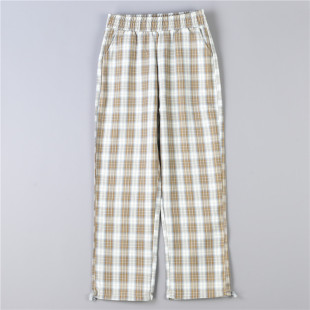 女74597夏秋宽松显高减龄抽绳束脚长裤 616韩版 高腰显瘦格子直筒裤