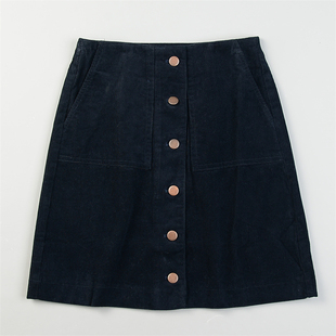 极简一片式灯芯绒半身裙L85487高腰遮胯显瘦单排扣A字裙春夏短裙