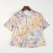 H85349夏季 新中式 女式 衬衫 复古立领宽松显瘦上衣 花卉印花盘扣短袖
