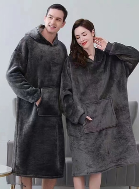 516宽松加大码男女情侣连帽浴袍80932加厚法兰绒家居服懒人装睡袍