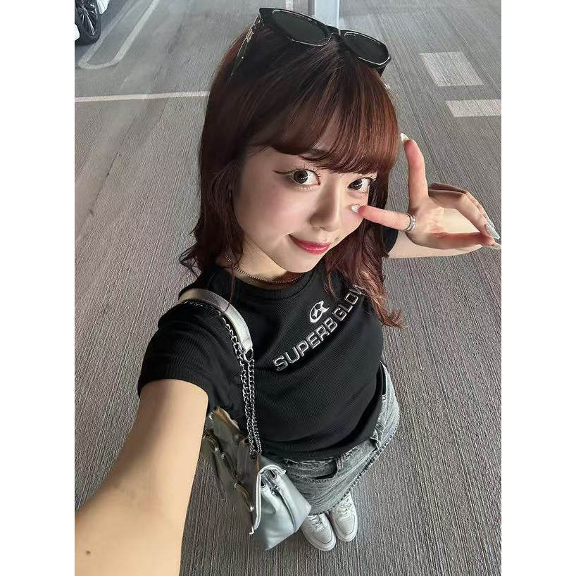 精品日单新品抽褶修身款短袖T恤女84349夏季时尚减龄甜辣短款上衣