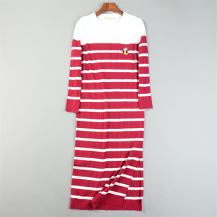 精品条纹刺绣羊毛混纺针织连衣裙L85257弹力裹身秋冬打底开叉长裙