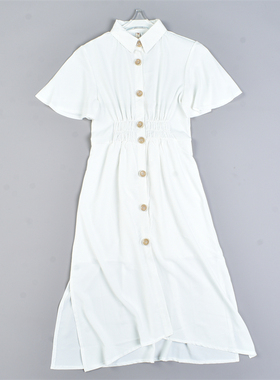 韩版白色短袖连衣裙女56L82343显瘦高腰翻领喇叭袖夏季大纽扣长裙