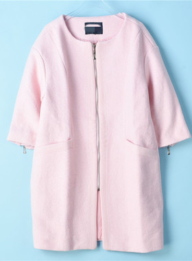 521韩版纯色圆领羊毛呢大衣女72715直筒宽松九分袖风衣中长款外套