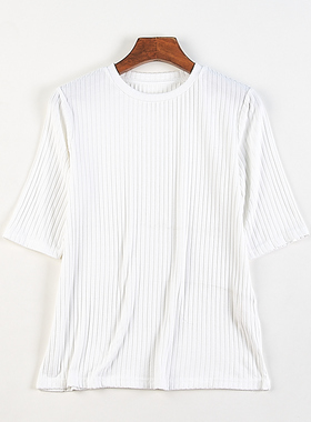 韩版女士白色半袖T恤83933夏秋新款圆领细条纹通勤百搭五分袖上衣