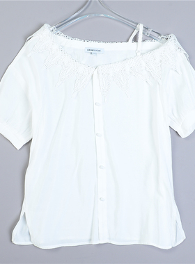 甜美蕾丝领露单肩白衬衫7.23L79646宽松很仙女设计感小众短袖上衣