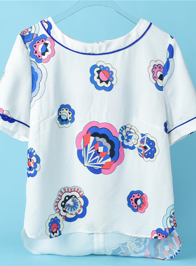 减龄印花雪纺衫女8.16L70582圆领直筒型2022夏季清凉薄款短袖衫