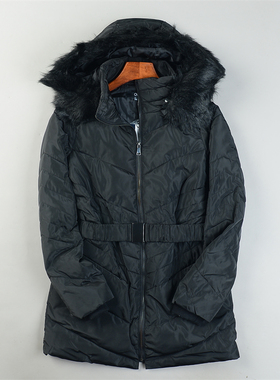 外贸大码女装收腰修身中长款棉衣L85605冬季连帽毛领保暖棉服外套