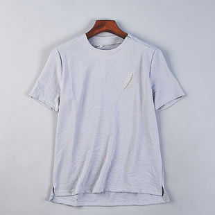 宽松纯色T恤衫男女7.2H79578夏季复古圆领侧开拉链不对称短袖上衣