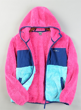 外贸拼接撞色珊瑚绒连帽衫外套女L85549秋冬新款连帽卫衣居家绒衫