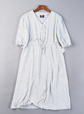 223日单宽松中袖连衣裙H78425日系夏波点休闲V领木耳边收腰中长裙