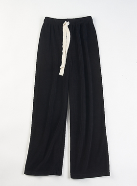 简约休闲风黑色松紧腰抽绳阔腿裤女H85369春秋冬宽松百搭弯刀长裤