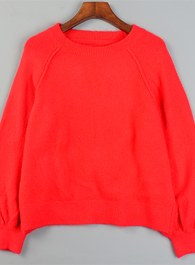精品喜庆红色针织衫毛衣女L85336落肩束口灯笼袖秋冬季上衣打底衫