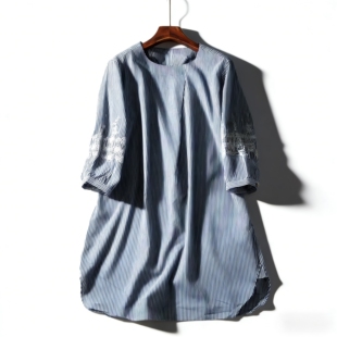 圆领刺绣宽松中长款 裙女H84185夏季 上衣连衣裙 衬衫 日单条纹七分袖