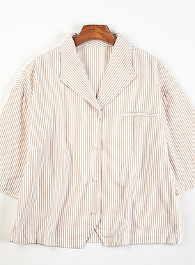 外贸宽松大码女装条纹纯棉短袖衬衫H82840春夏青果领显瘦休闲上衣