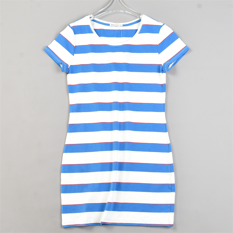 精品潮牌纯棉中长款条纹短袖T恤连衣裙83666修身收腰夏季休闲短裙