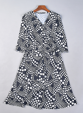 216出口订单印花连衣裙77589春夏波点交领高收腰系带修身中袖长裙