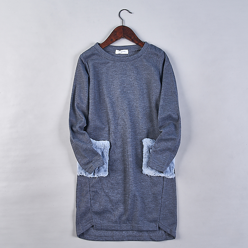 春秋纯色正肩少女长袖圆领裙子