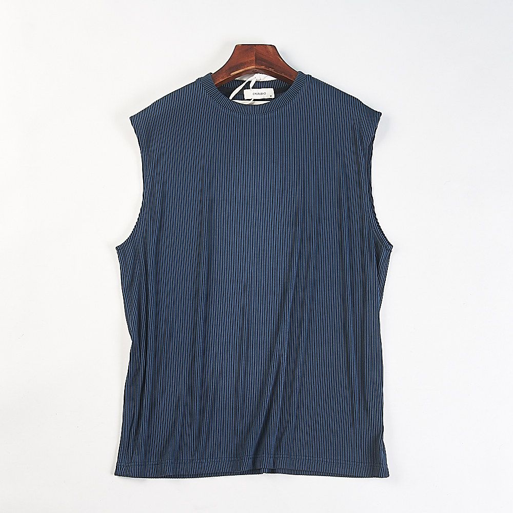 精品男士肌理纹竖条纹无袖背心85640春夏新款潮流宽松休闲运动T恤