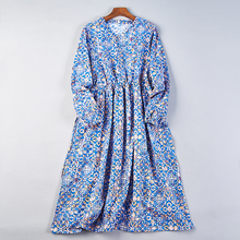 棉麻碎花长袖连衣裙6.29H78540宽松显瘦春夏复古文艺抽绳收腰长裙