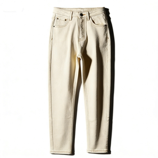 风休闲小脚长裤 女L86220春夏明线工装 子 米白色纯棉牛仔裤 弹力修身