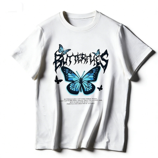 超舒服蝴蝶印花短袖 白T恤男女86067舒适直筒型学生日常休闲上衣夏