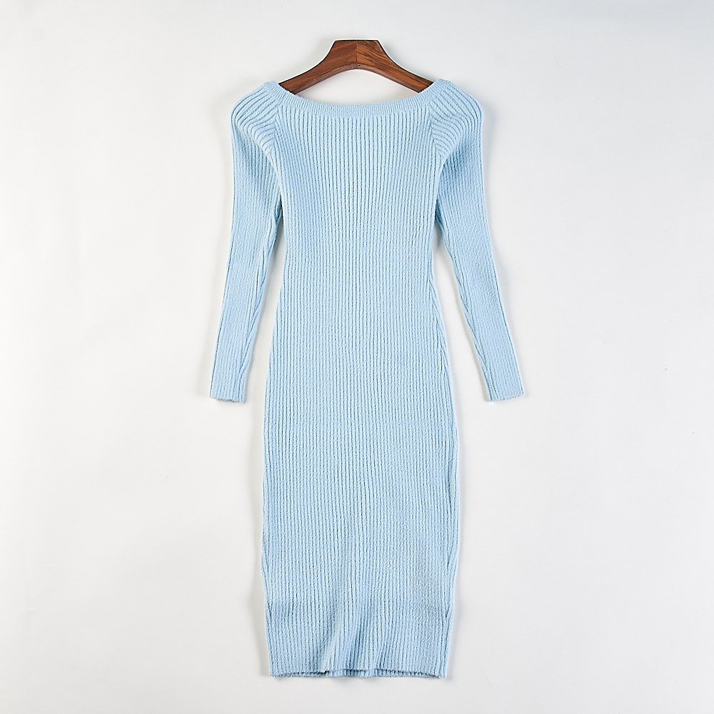 精品韩版甜辣风长袖针织连衣裙女H83083低圆领露肩修身包臀中长裙