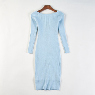 包臀中长裙 针织连衣裙女H83083低圆领露肩修身 精品韩版 甜辣风长袖