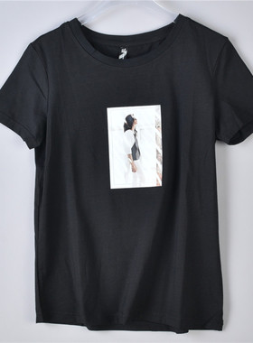 纯棉女式短袖T恤衫527L74409简约胶印修身款夏季休闲百搭学生上衣