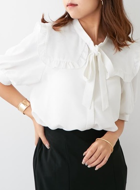 日单甜美蝴蝶领结系带白色衬衫女H82979夏新款法式木耳边短袖上衣