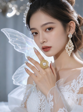 螺旋珍珠戒指女轻奢高级感夸张食指戒新款潮小众设计开口可调节