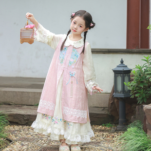 岫蝶影】女童汉服改良明制粉色比甲连衣裙儿童新中式套装唐装25秋