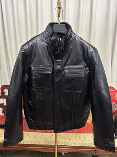 外贸原单男士 高端头层牛皮飞行服夹克立领兔毛内胆可拆机车真皮衣