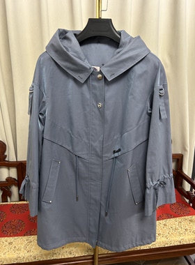 工厂样衣女士中长款风衣派克服雾蓝外皮连帽抽绳收腰显瘦