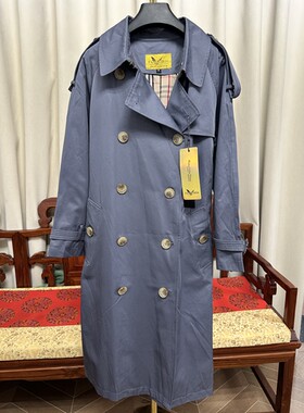气质雾霾蓝长款风衣外套女 英伦风双排扣可脱卸内胆派克服外壳m