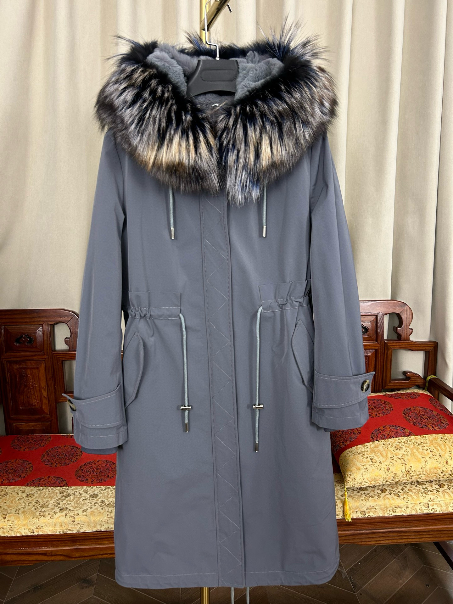 外贸样衣女士狐狸毛领可拆卸派克服兔毛皮毛一体内胆活里活面河北