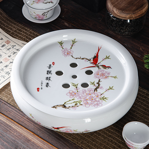 潮汕传统功夫茶盘家用陶瓷茶台圆形茶托储水式简号茶海功夫茶具