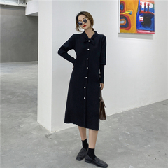 Real shot ~ 2020 autumn / winter new style gentle wind bow knitted medium length dress