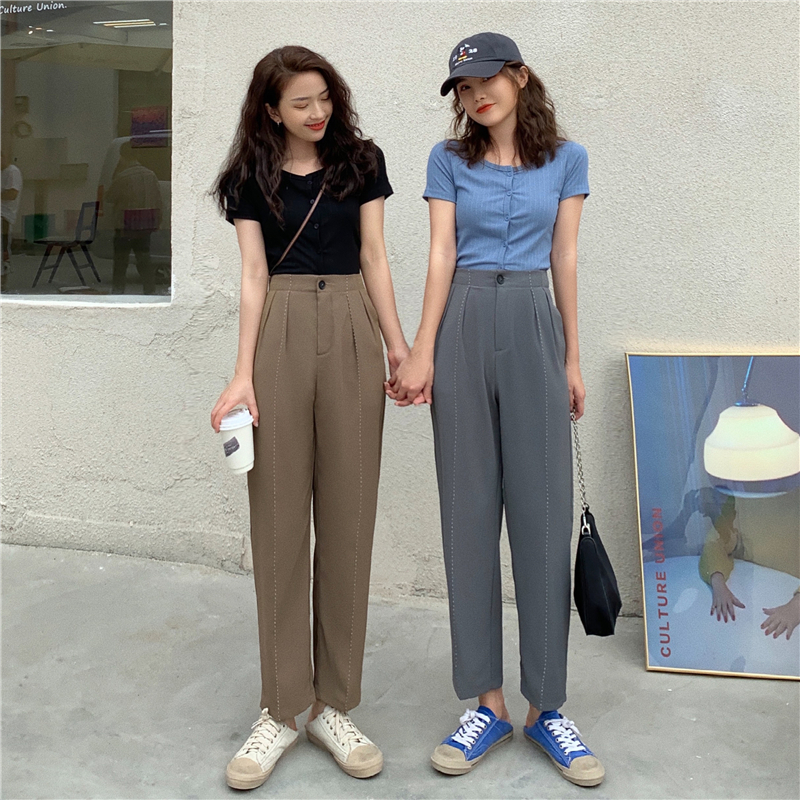 Real shot spring new high waist slim loose radish pants Harlan casual pants trendy girl