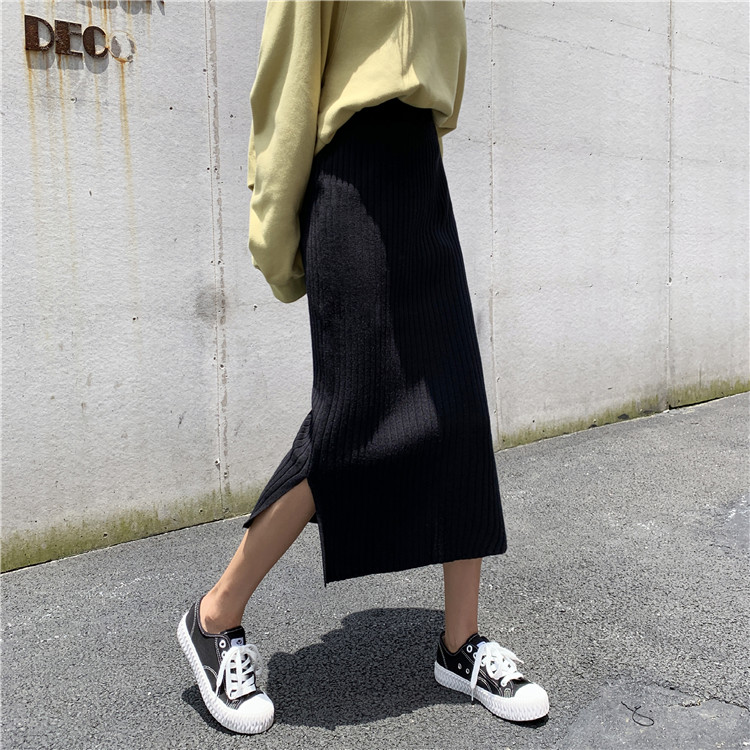 Actual autumn and winter elastic waist pit knitted half-length skirt wrapped hip skirt side split one-step skirt