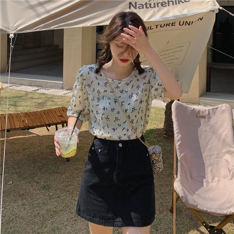 實拍~2021夏季新款百搭溫柔風清新碎花短袖圓領上衣女