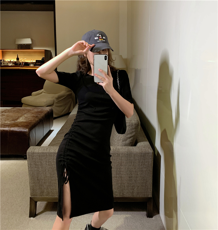 New French side split drawstring bubble sleeve dress in spring and summer