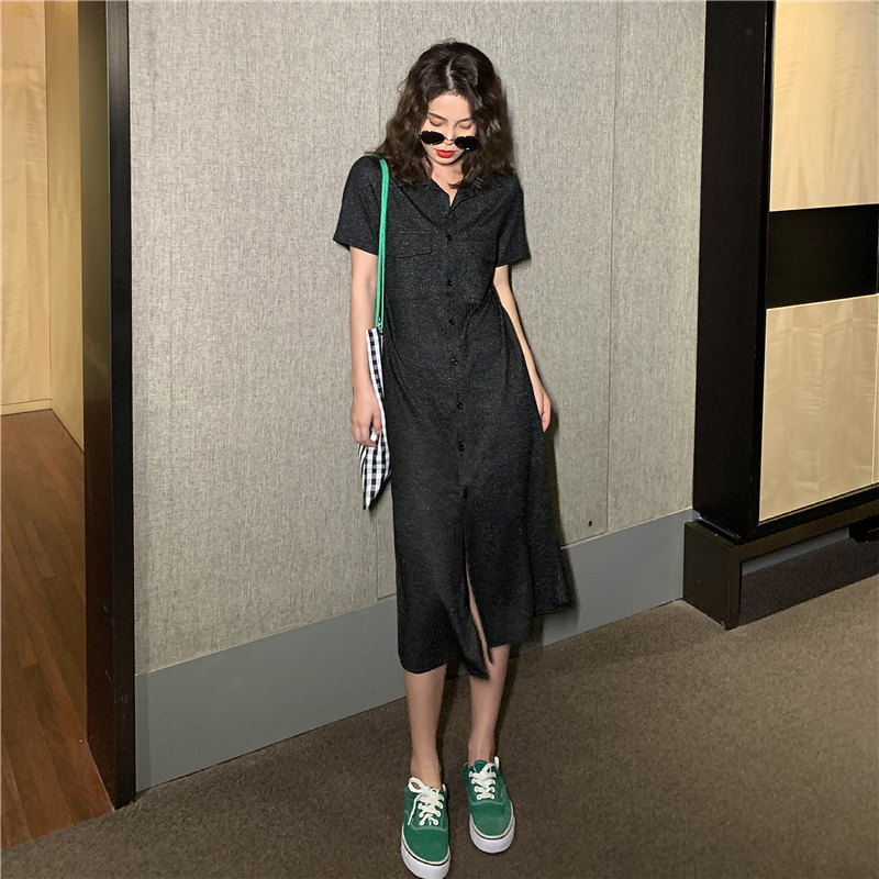 Real shot new fashionable lazy skirt loose casual long skirt collar dress