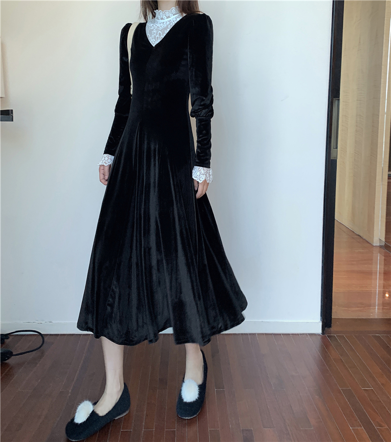 Real shot ~ velvet dress fall / winter 2020 new French style retro waisted Long Sleeve Dress