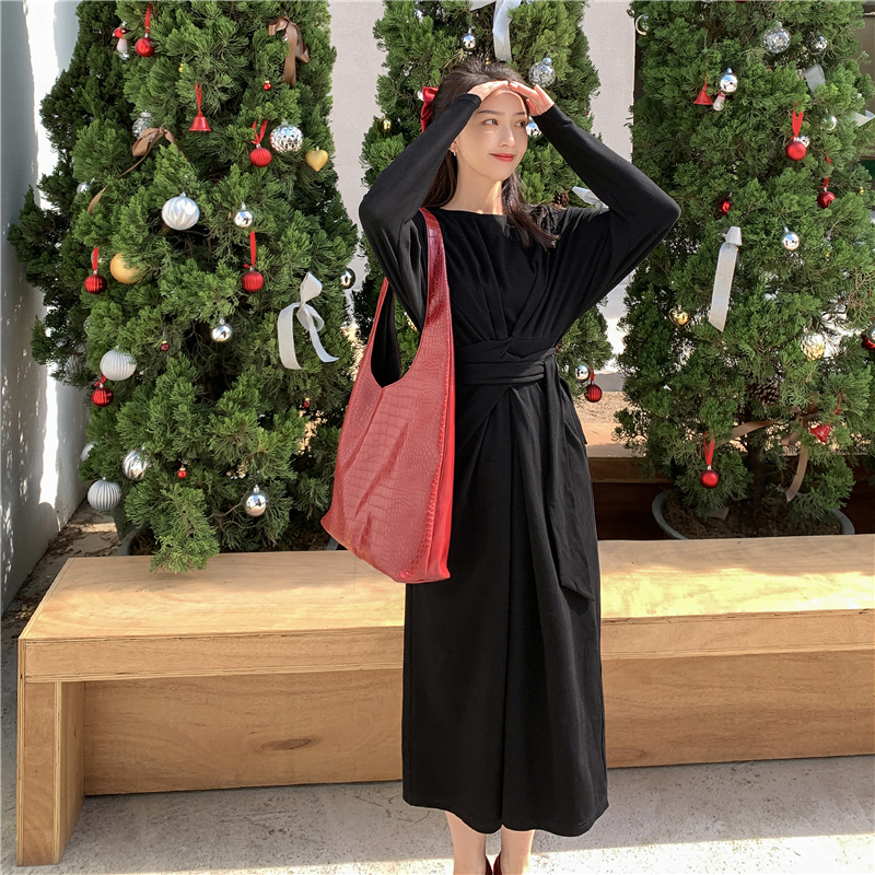 Real shot ~ Hepburn style dress for women christmas new temperament waist closing long skirt bandage slit skirt
