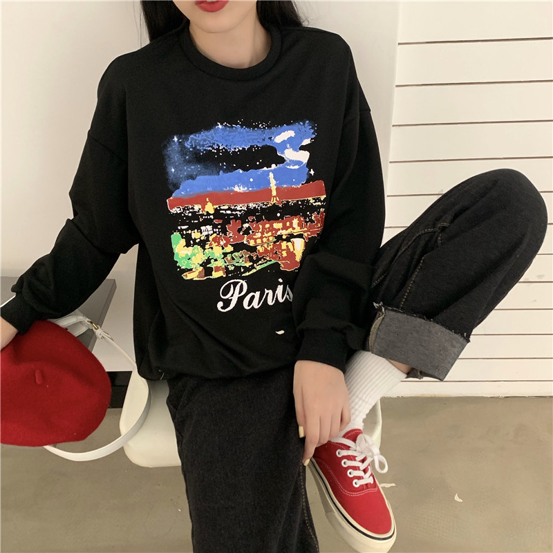 Real shot ~ video ~ 2020 spring new Korean round neck long sleeve Pullover loose printing sweater trend